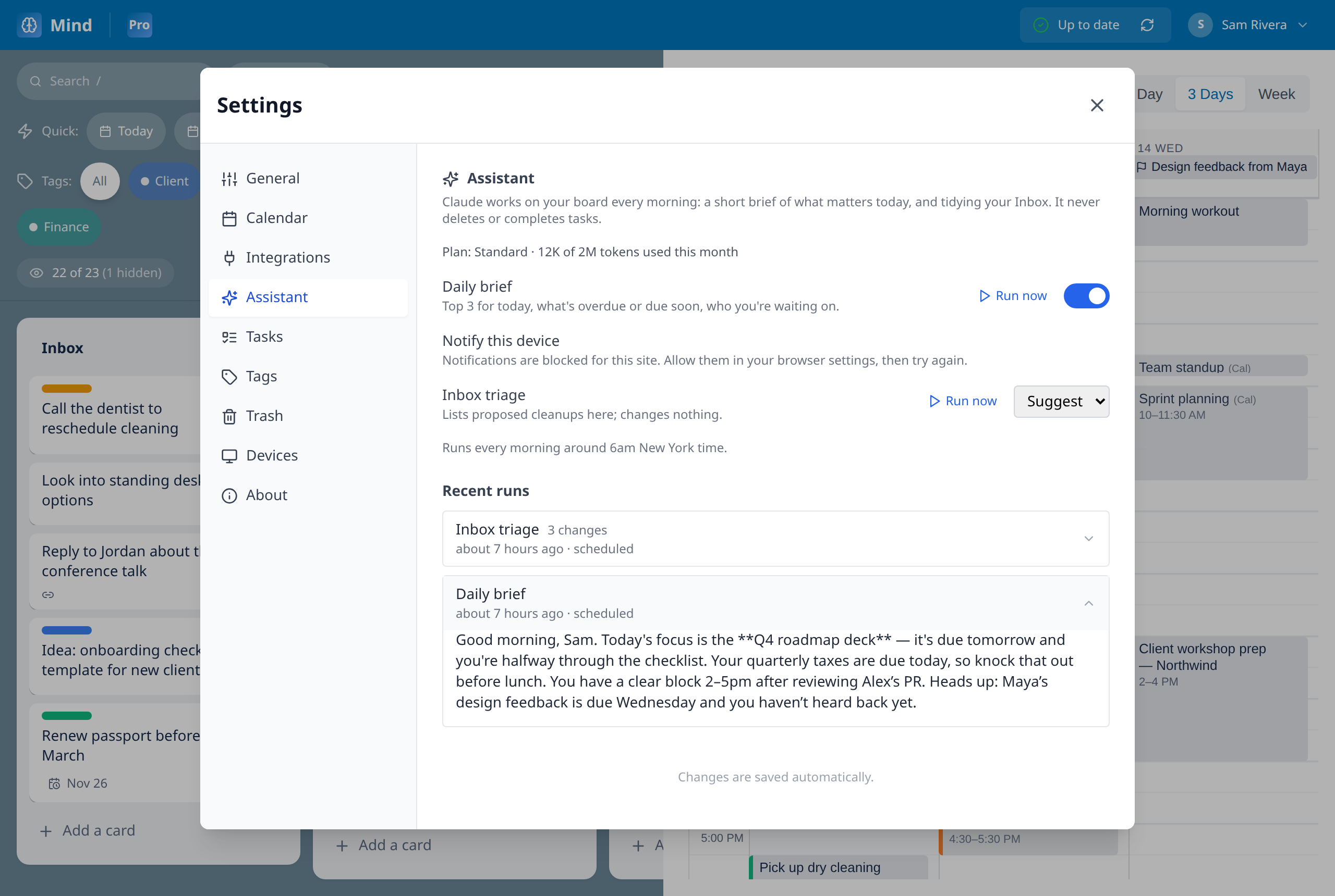 The assistant settings, with a daily brief and an Inbox triage run